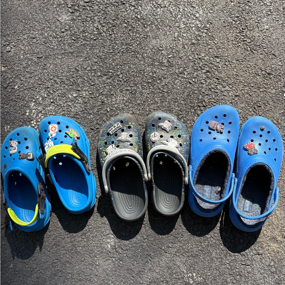 CROCS Kids Blue, Black, and Gray Sandals